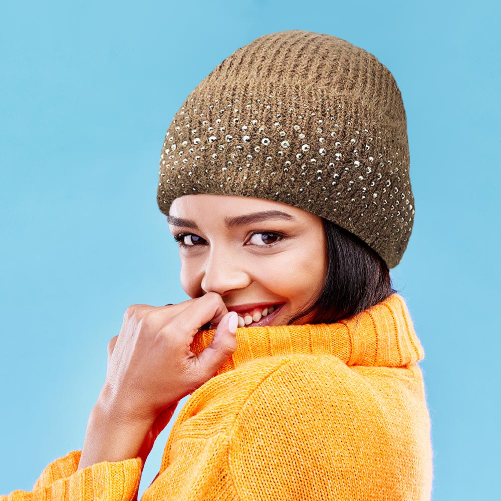 Brown Fleece Lining Rhinestone Embellished Beanie Hat 
