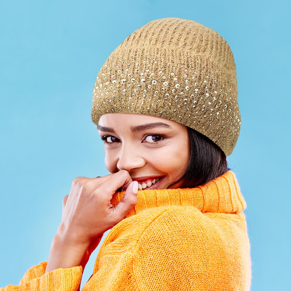 Tan Fleece Lining Rhinestone Embellished Beanie Hat 