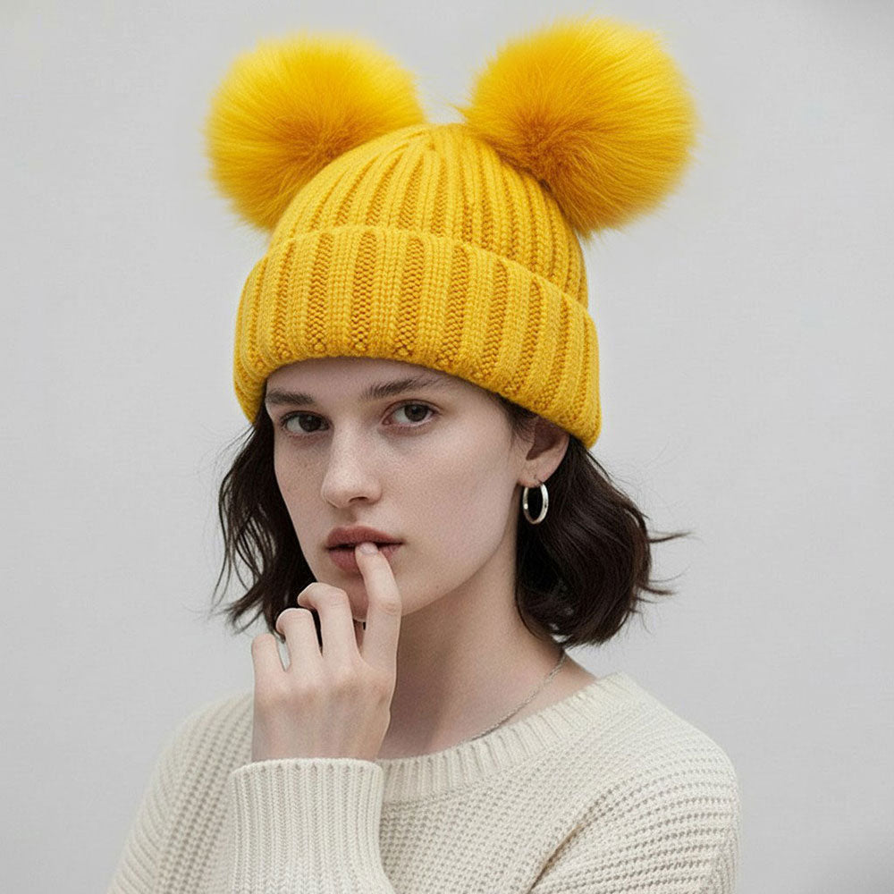 Madeline Love Mustard Double Pom Pom Knit Beanie Hat - Hats