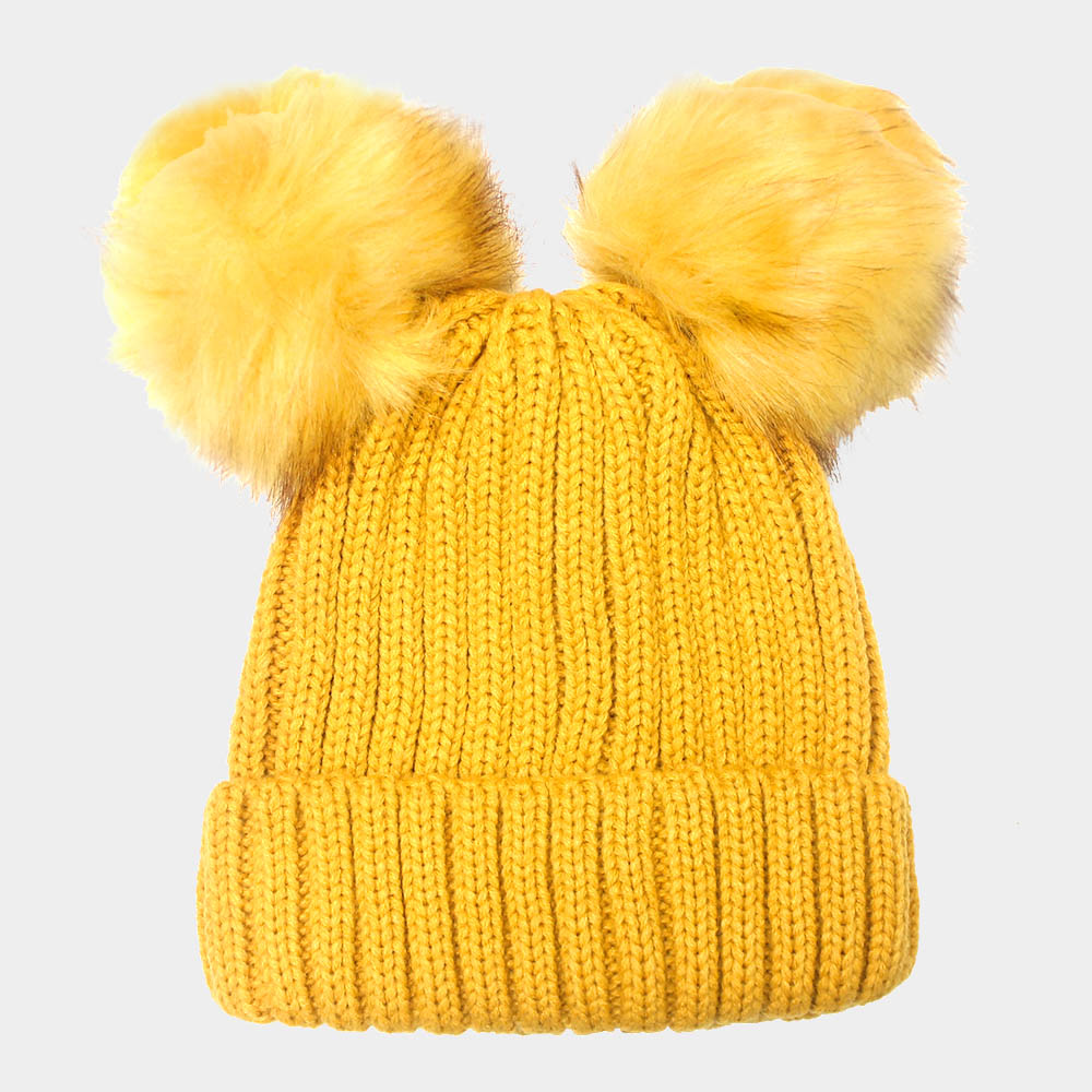 Madeline Love Mustard Double Pom Pom Knit Beanie Hat - Hats - desc