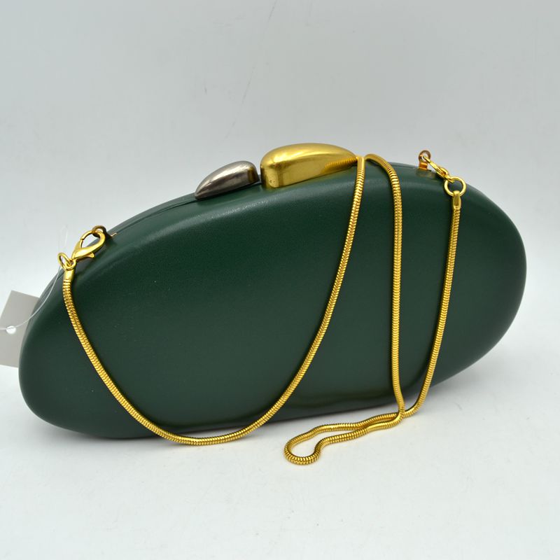 Oval Hardcase Clutch Bag with Two-Tone Metal Clasp - Dark Green - Clutch Bags
