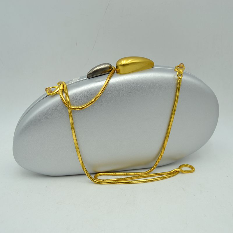 Oval Hardcase Clutch Bag with Two-Tone Metal Clasp - Silver - Clutch Bags