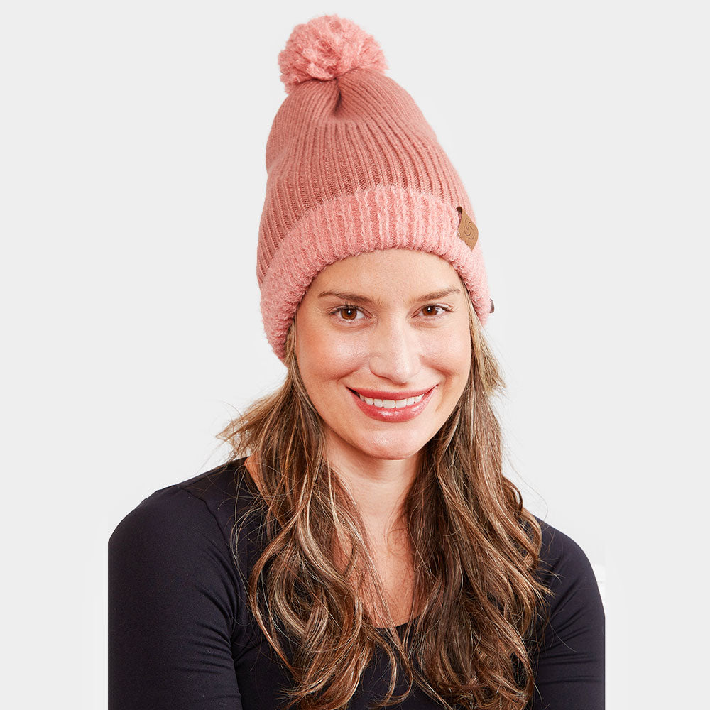 Pink Face Mask Holder Button Cable Knit Pom Pom Beanie Hat