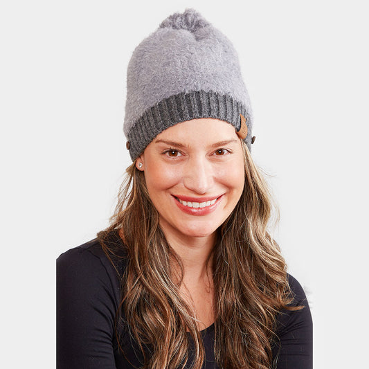 Gray Face Mask Holder Button Cable Knit Pom Pom Beanie Hat