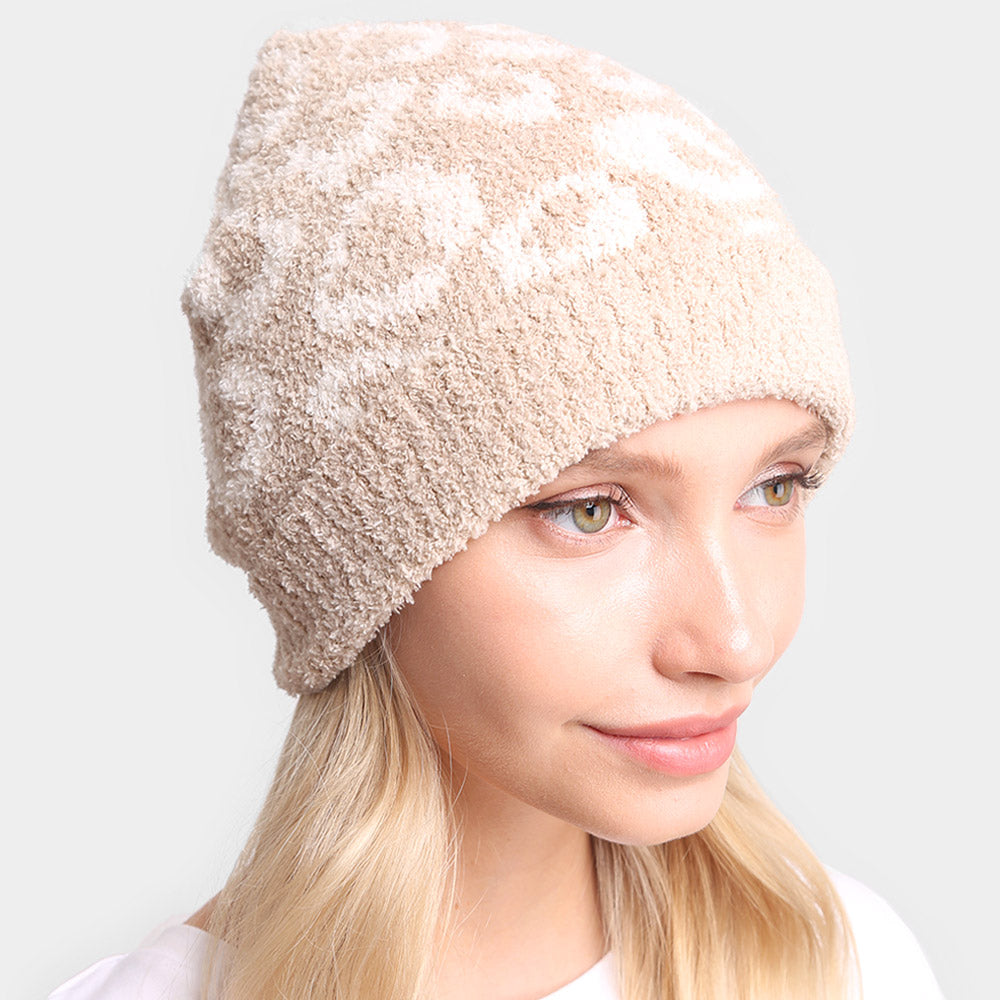 Beige Leopard Patterned Soft Knit Beanie Hat