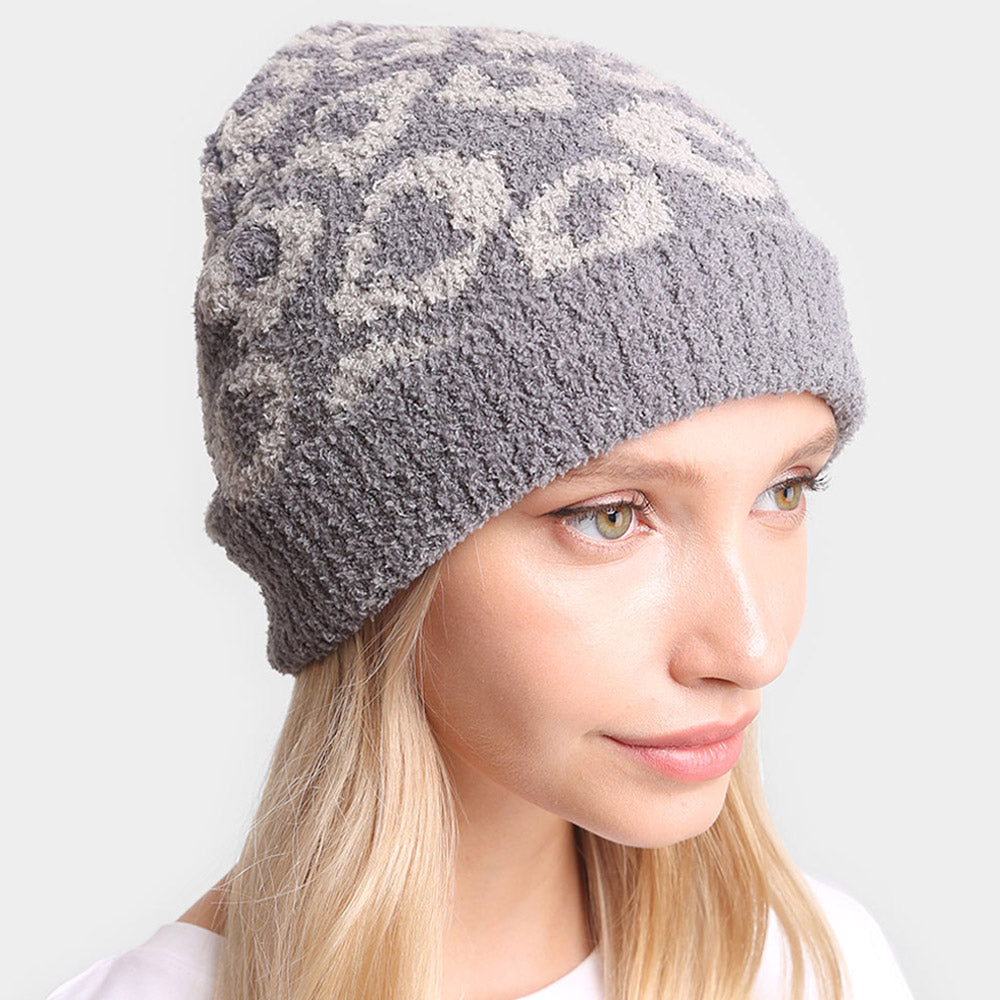 Gray Leopard Patterned Soft Knit Beanie Hat