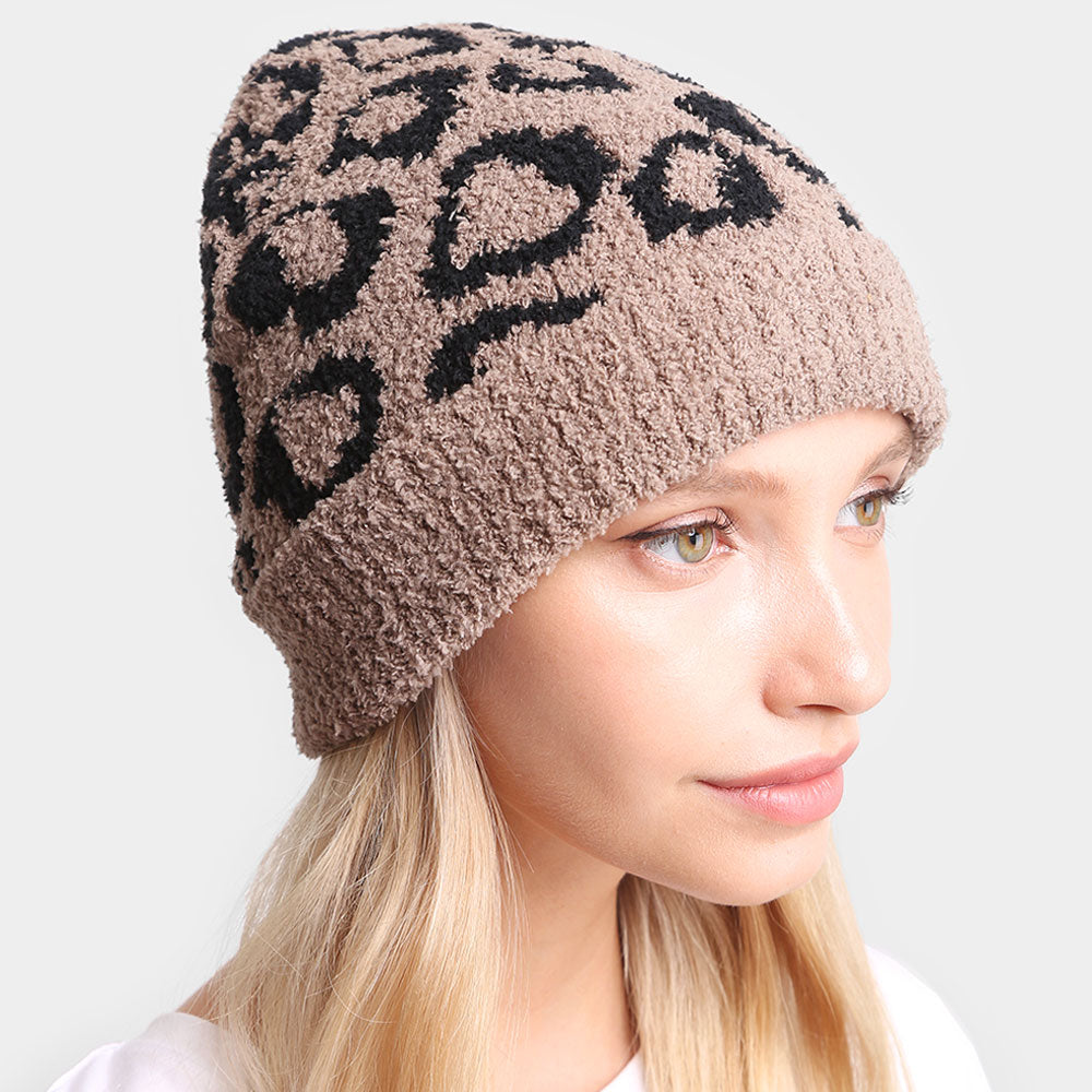 Taupe Leopard Patterned Soft Knit Beanie Hat