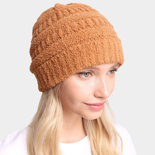 Camel Solid Color Soft Ribbed Beanie Hat