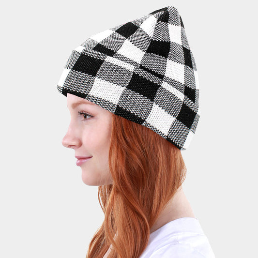 White Buffalo Check Patterned Knit Beanie Hat
