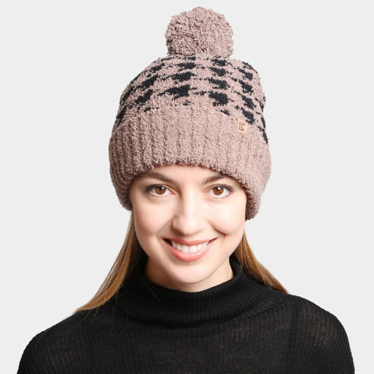 Brown Houndstooth Lined Pom-Pom Beanie