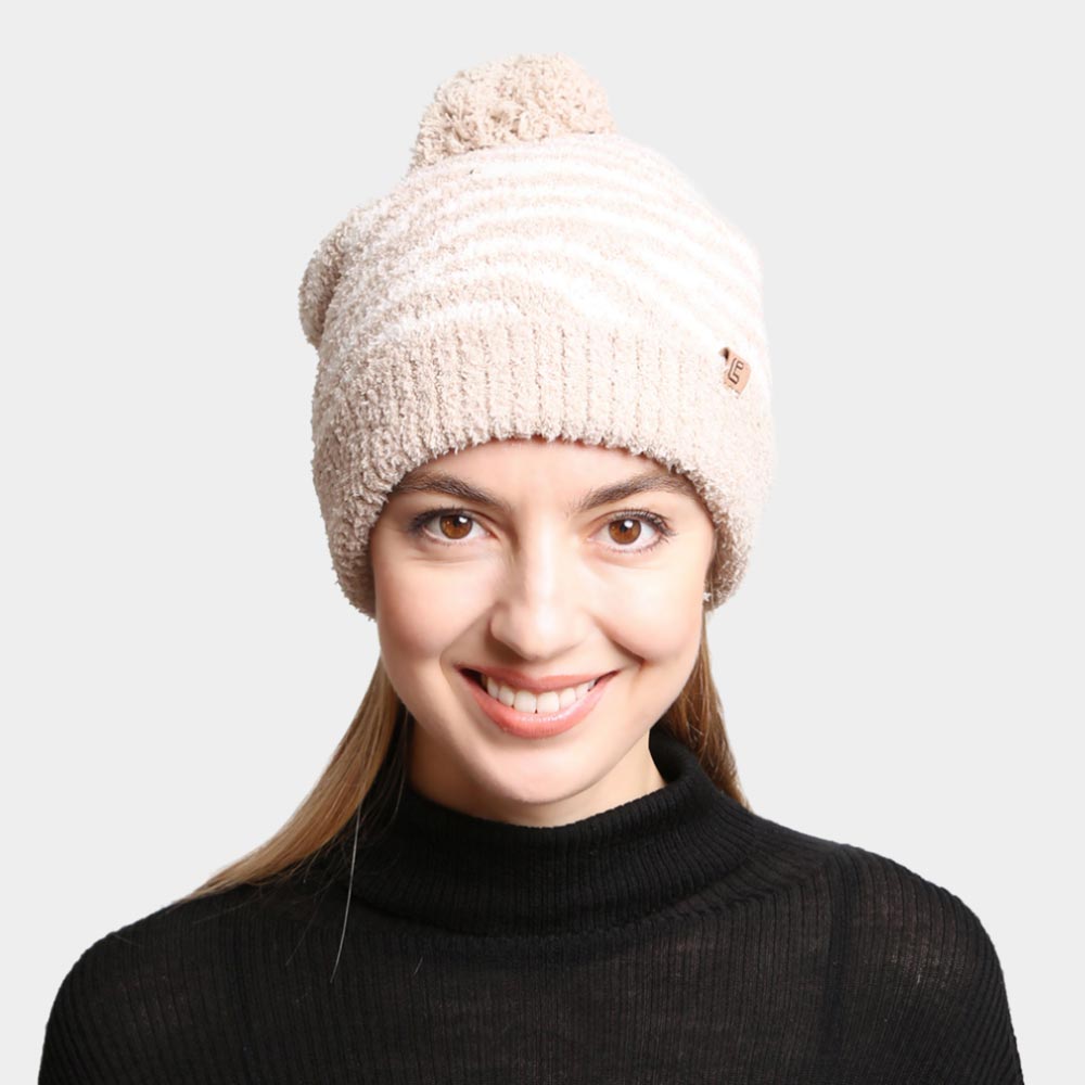 Beige Zebra Lined Pom-Pom Beanie