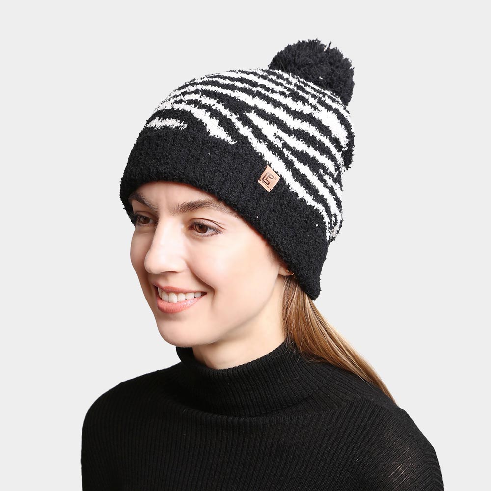 Black Zebra Lined Pom-Pom Beanie