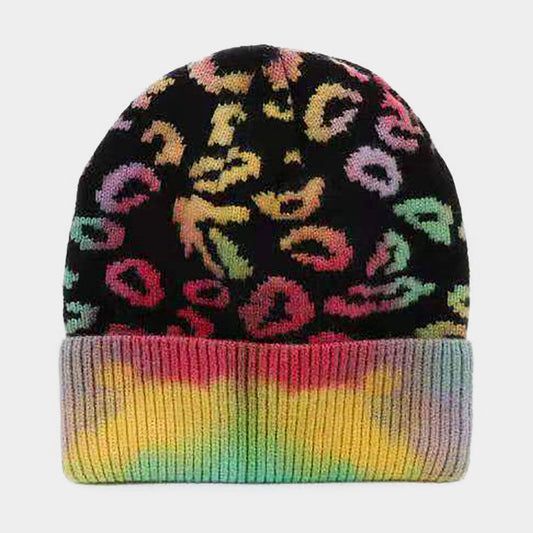 Black, Pink Tie Dye Leopard Pattern Beanie Hat