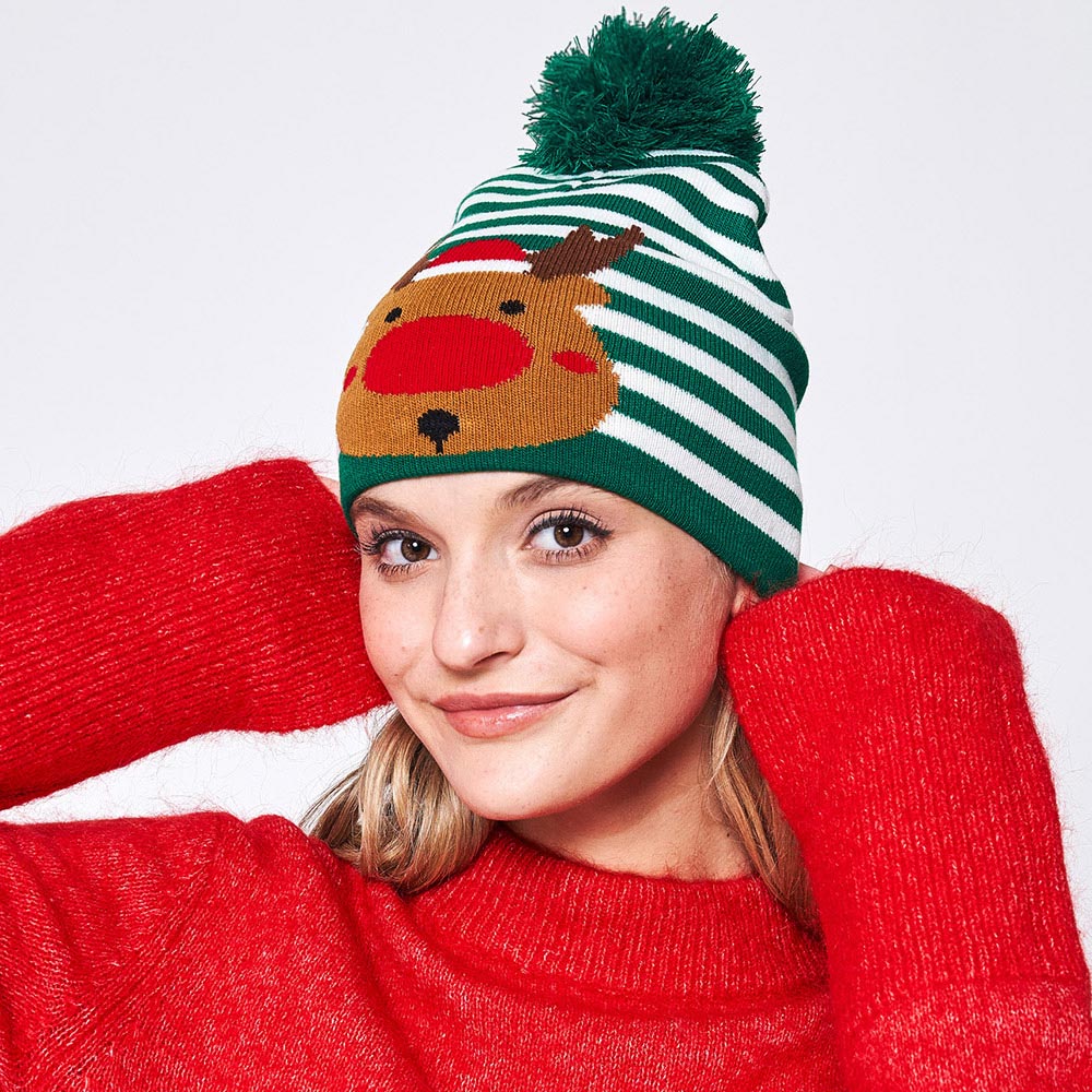 Green Striped Rudolph Pom Pom Beanie Hat