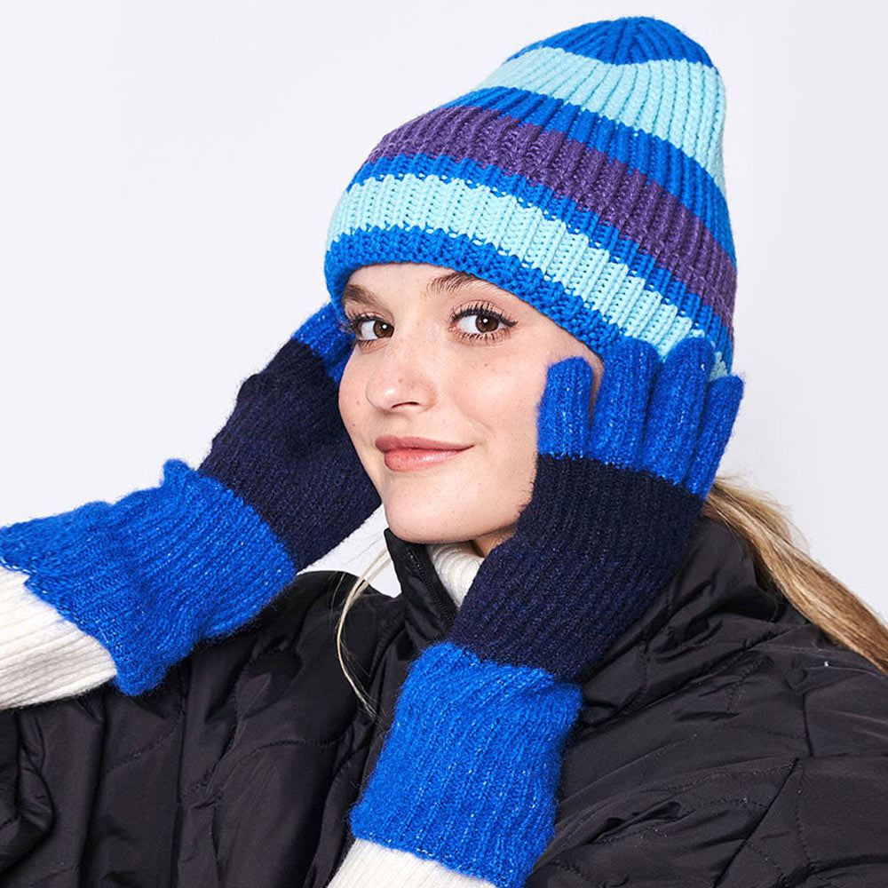 Blue Striped Cuff Beanie Hat