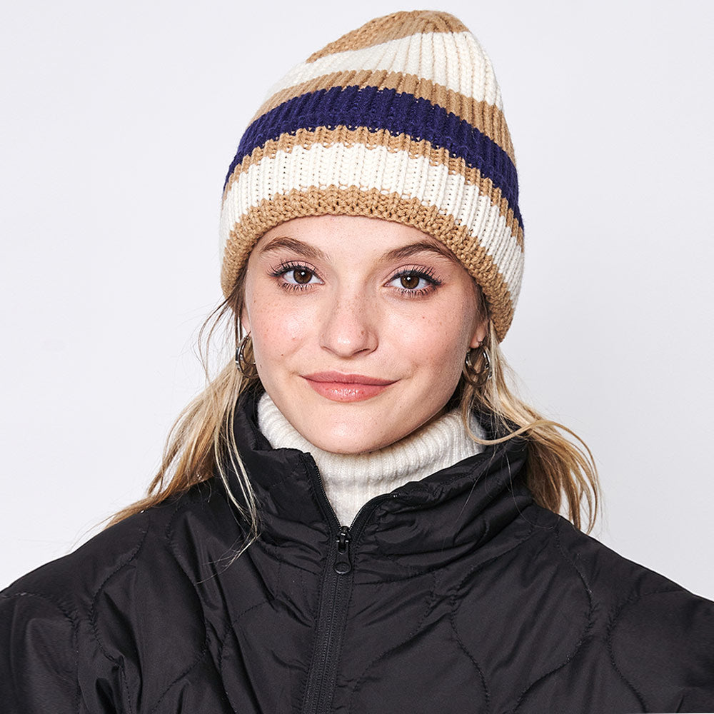 Ivory Striped Cuff Beanie Hat