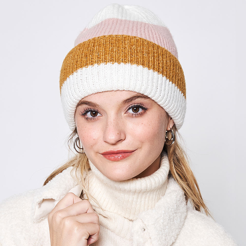 Ivory Striped Ribbed Beanie Hat