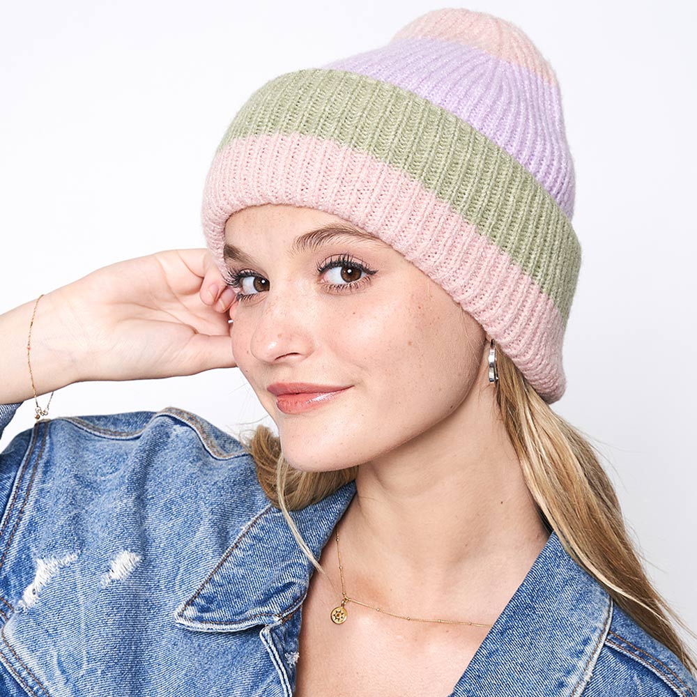 Lavender Striped Ribbed Beanie Hat