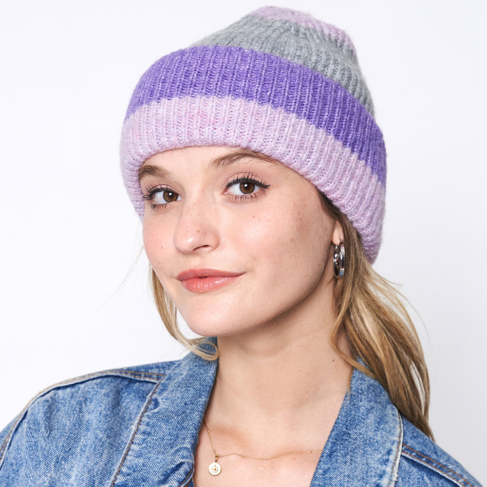 Pink Striped Ribbed Beanie Hat