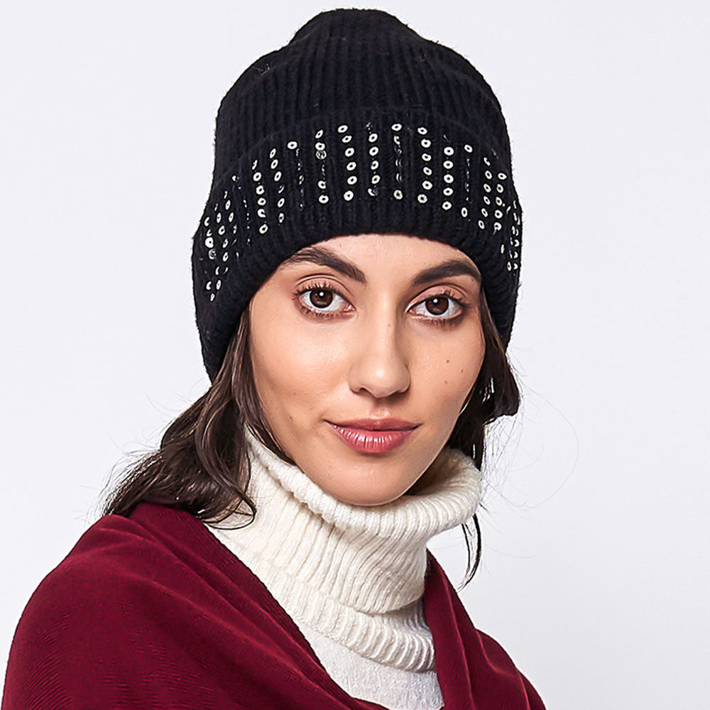 Black Solid Ribbed Sequin Cuff Beanie Hat