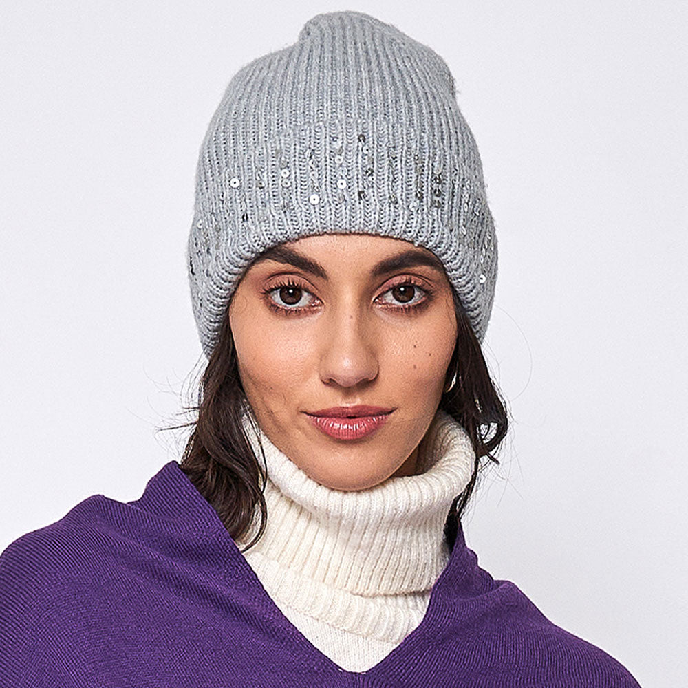 Gray Solid Ribbed Sequin Cuff Beanie Hat