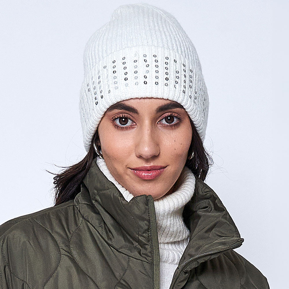 Ivory Solid Ribbed Sequin Cuff Beanie Hat