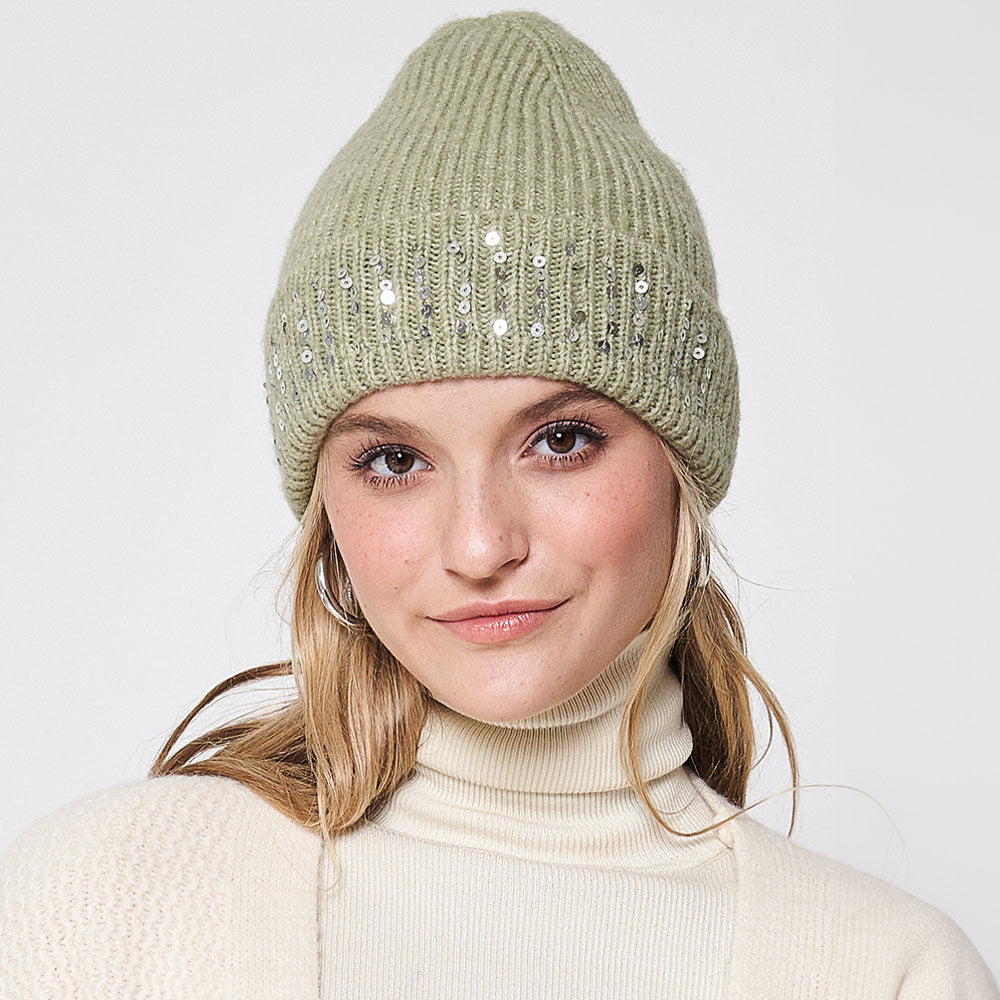 Green Solid Ribbed Sequin Cuff Beanie Hat