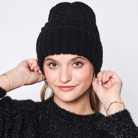 Black Solid Cable Knit Beanie Hat