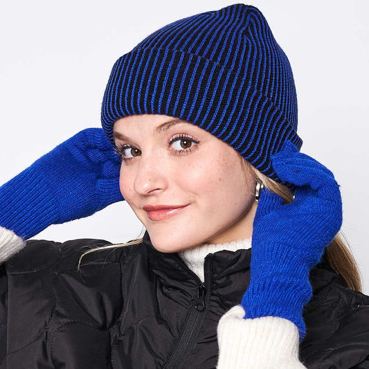 Blue Woven Two Tone Beanie Hat