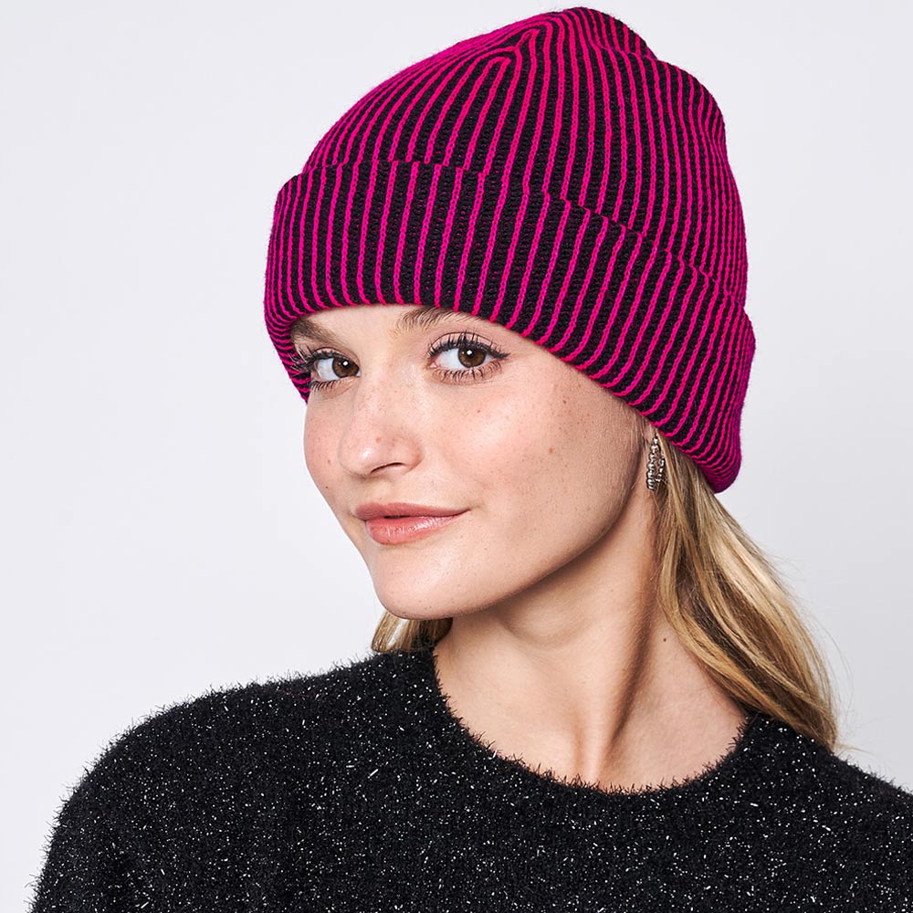 Fuchsia Woven Two Tone Beanie Hat