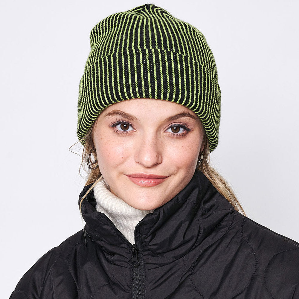 Green Woven Two Tone Beanie Hat