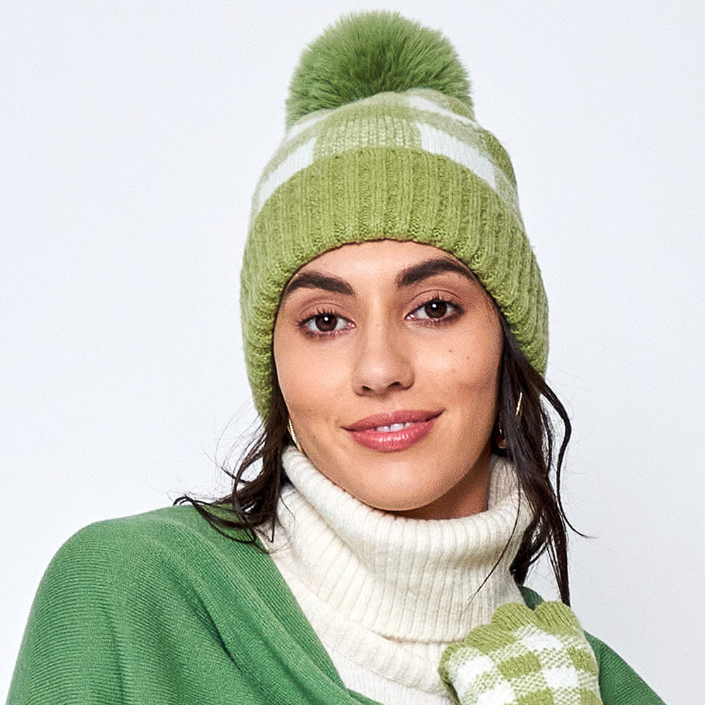 Green Buffalo Check Patterned Faux Fur Pom Pom Beanie Hat