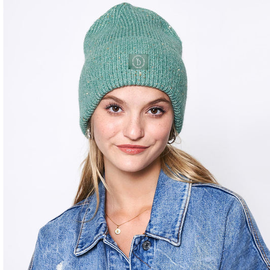 Green Sequin Embellished Lurex Cuff Beanie Hat