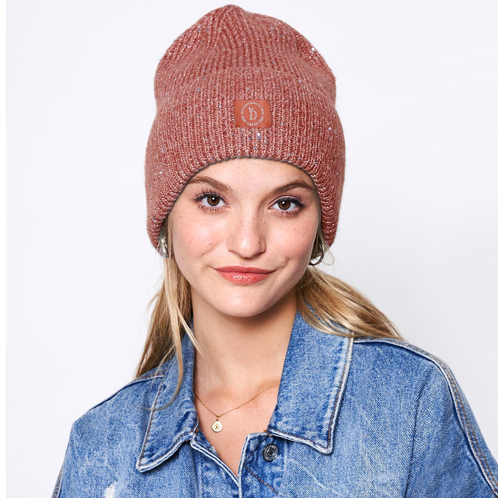 Peach Sequin Embellished Lurex Cuff Beanie Hat