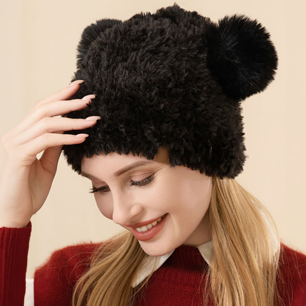 Black Faux Fur Pom Pom Ear Beanie Hat