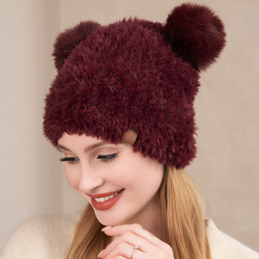 Burgundy Faux Fur Pom Pom Ear Beanie Hat