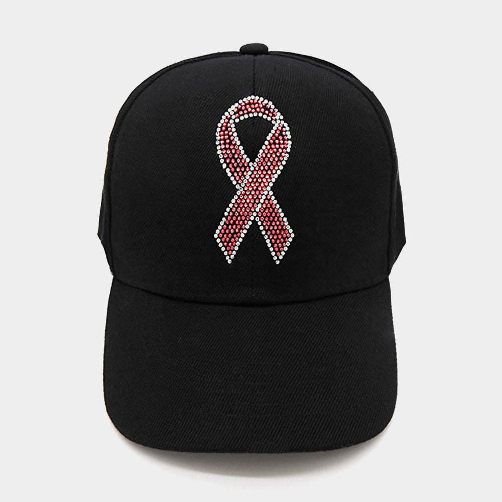 Black Pink Ribbon Bling Studded Pointed Baseball Cap