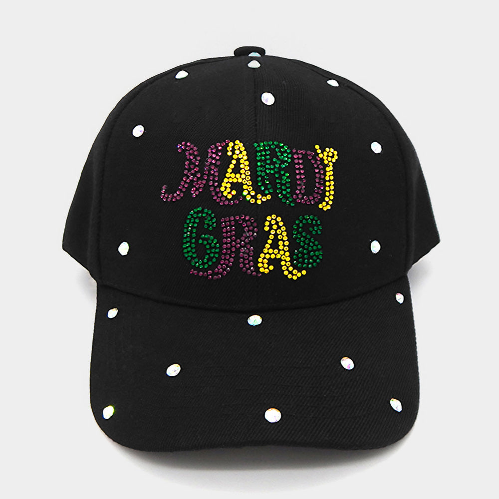 Black, Multi Bling Studded MARDI GRAS Message Accented Baseball Cap