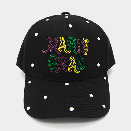 Black, Multi Bling Studded MARDI GRAS Message Accented Baseball Cap