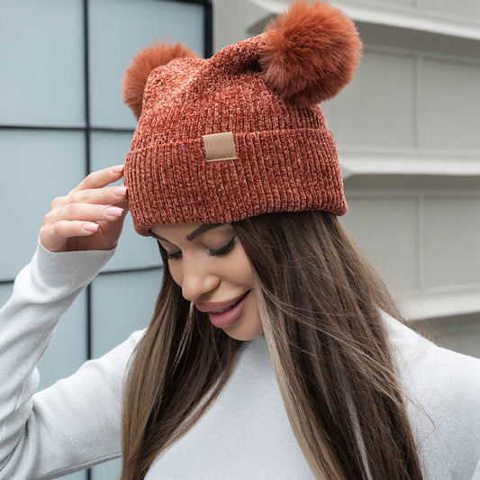 Rust Double Pom Pom Pointed Beanie Hat