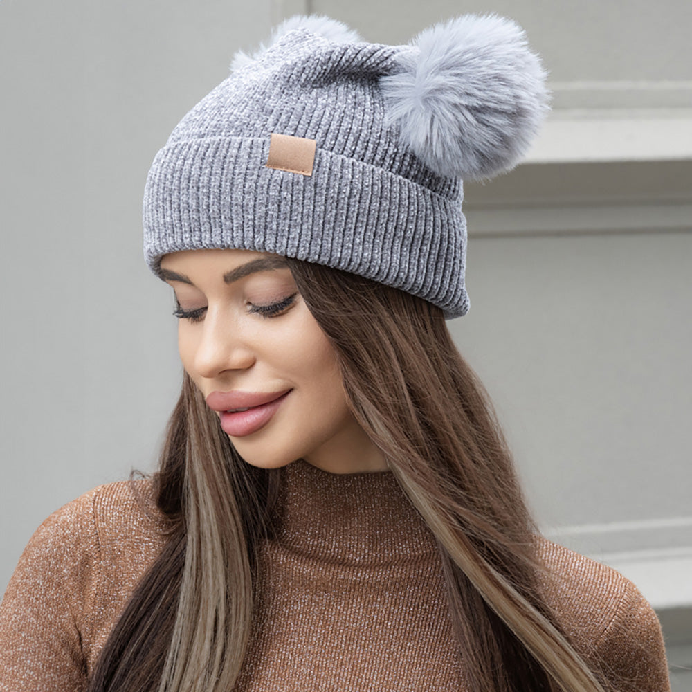 Gray Double Pom Pom Pointed Beanie Hat