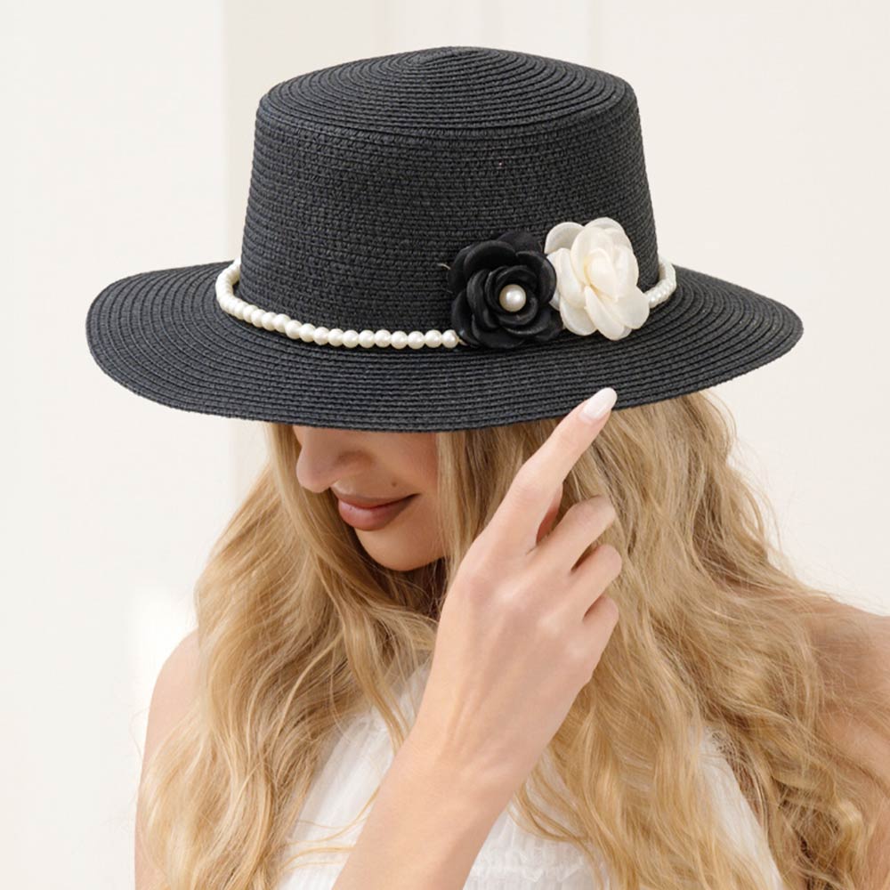 Madeline Love Black Double Flower Accent Pearl Band Straw Sun Hat - Hats