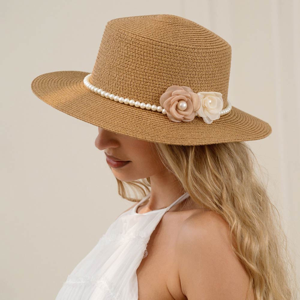 Madeline Love Khaki Double Flower Accent Pearl Band Straw Sun Hat - Hats