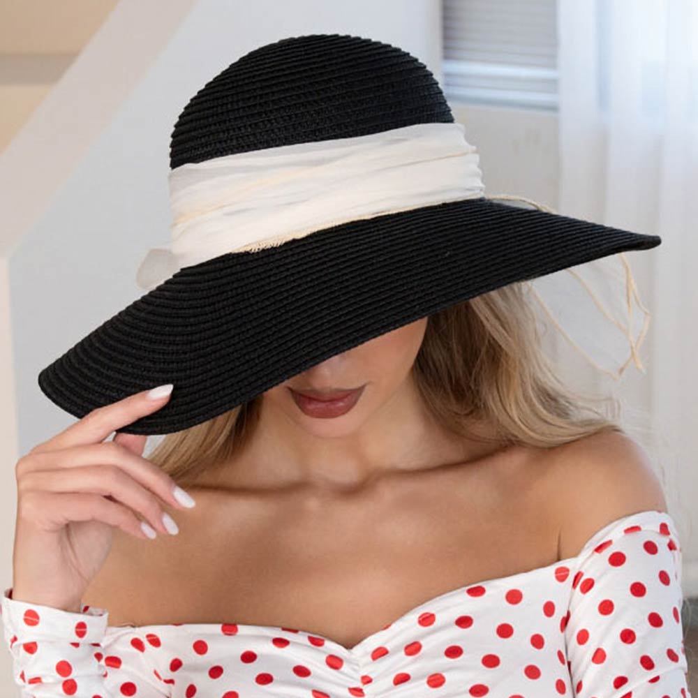 Madeline Love Black Oversized Bow Band Wide Brim Straw Sun Hat - Hats