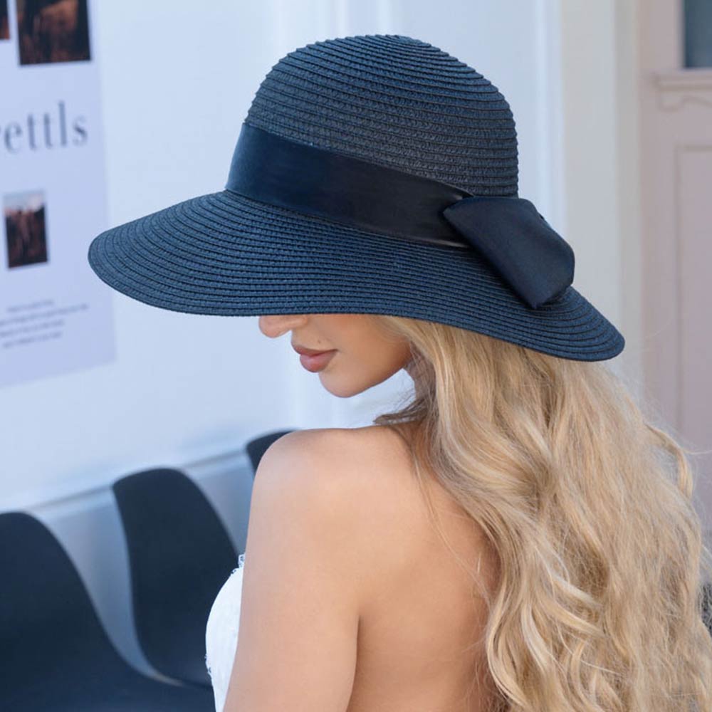 Madeline Love Black Bow Accent Wide Brim Straw Sun Hat - Hats