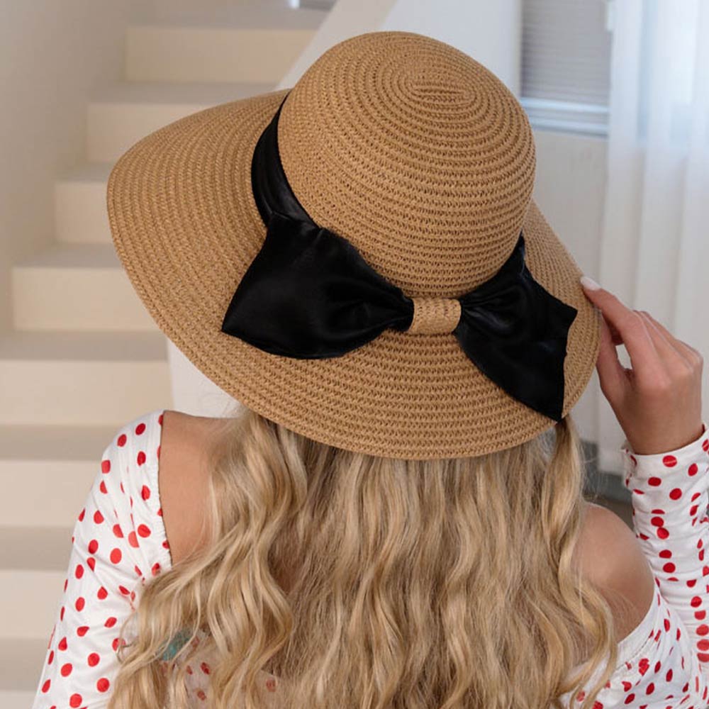 Madeline Love Khaki Bow Accent Wide Brim Straw Sun Hat - Hats