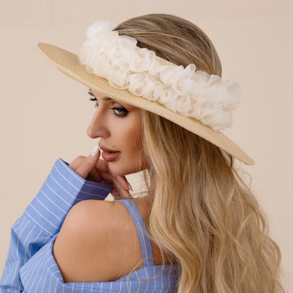 Madeline Love Beige Floral Trim Open Top Wide Brim Straw Sun Hat - Hats