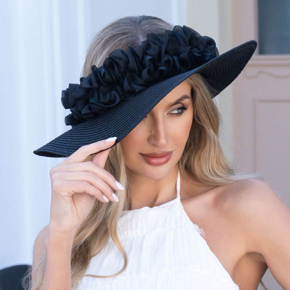 Madeline Love Black Floral Trim Open Top Wide Brim Straw Sun Hat - Hats