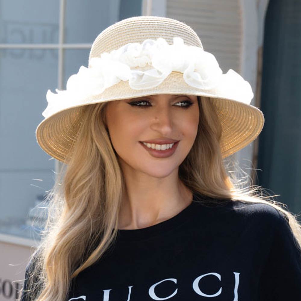 Madeline Love Beige Floral Trim Straw Sun Hat - Hats