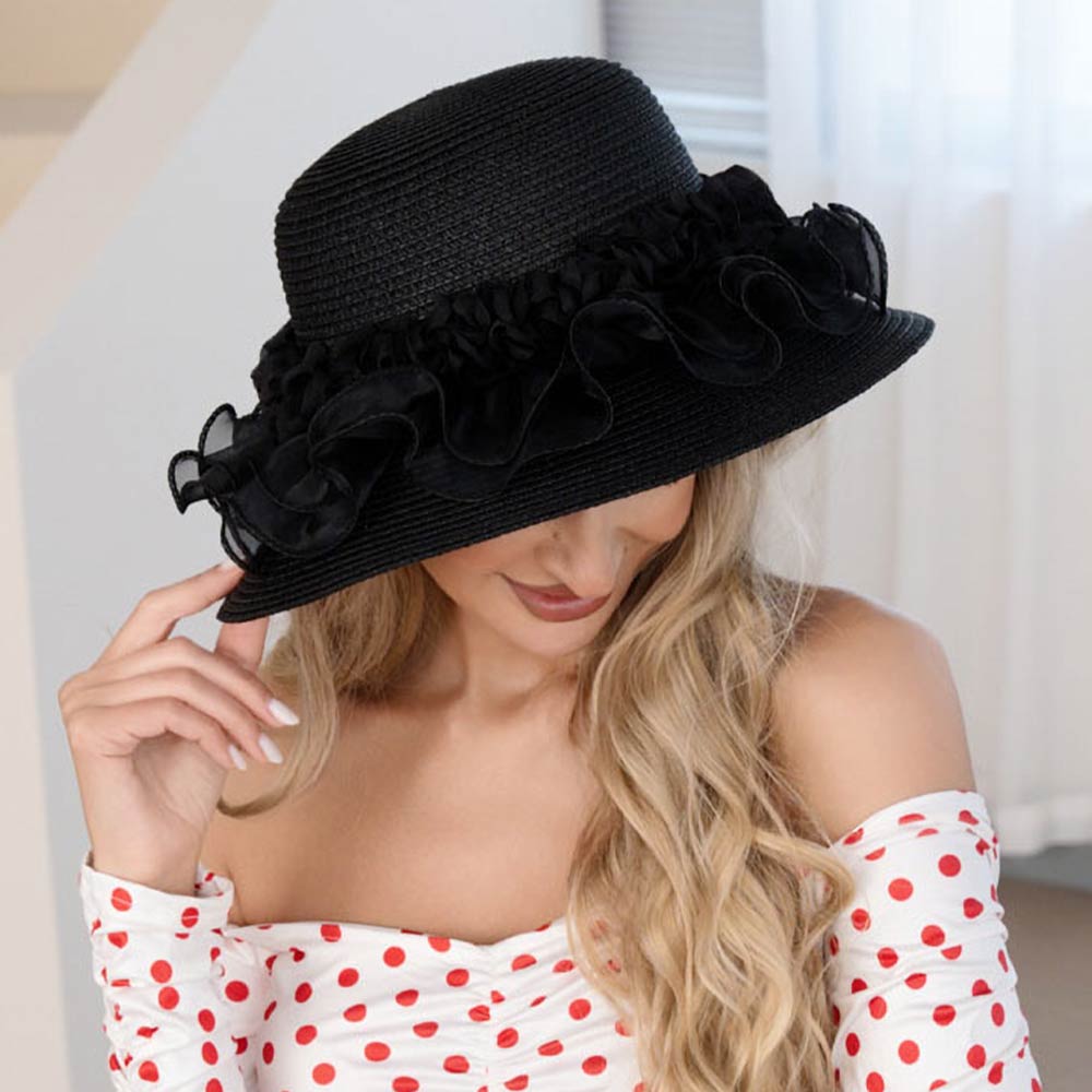 Madeline Love Black Floral Trim Straw Sun Hat - Hats